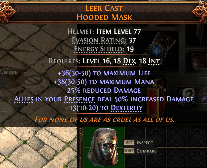MMOJUGG Path of Exile 2 LEER CAST HOODED MASK#937665 Details View of Item Function and Use